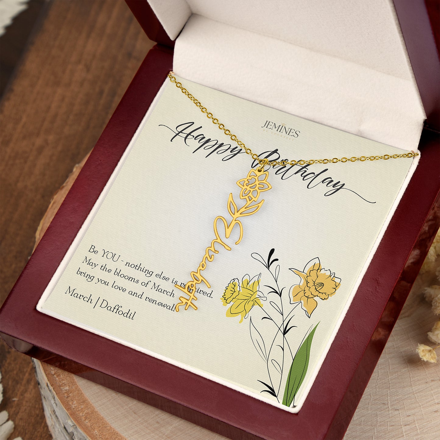 March Birth Flower Custom Gold Necklace